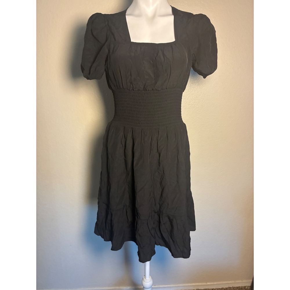 Hesperus Black Smocked Waist Puff Sleeve Square Neck Tiered Mini Dress Large